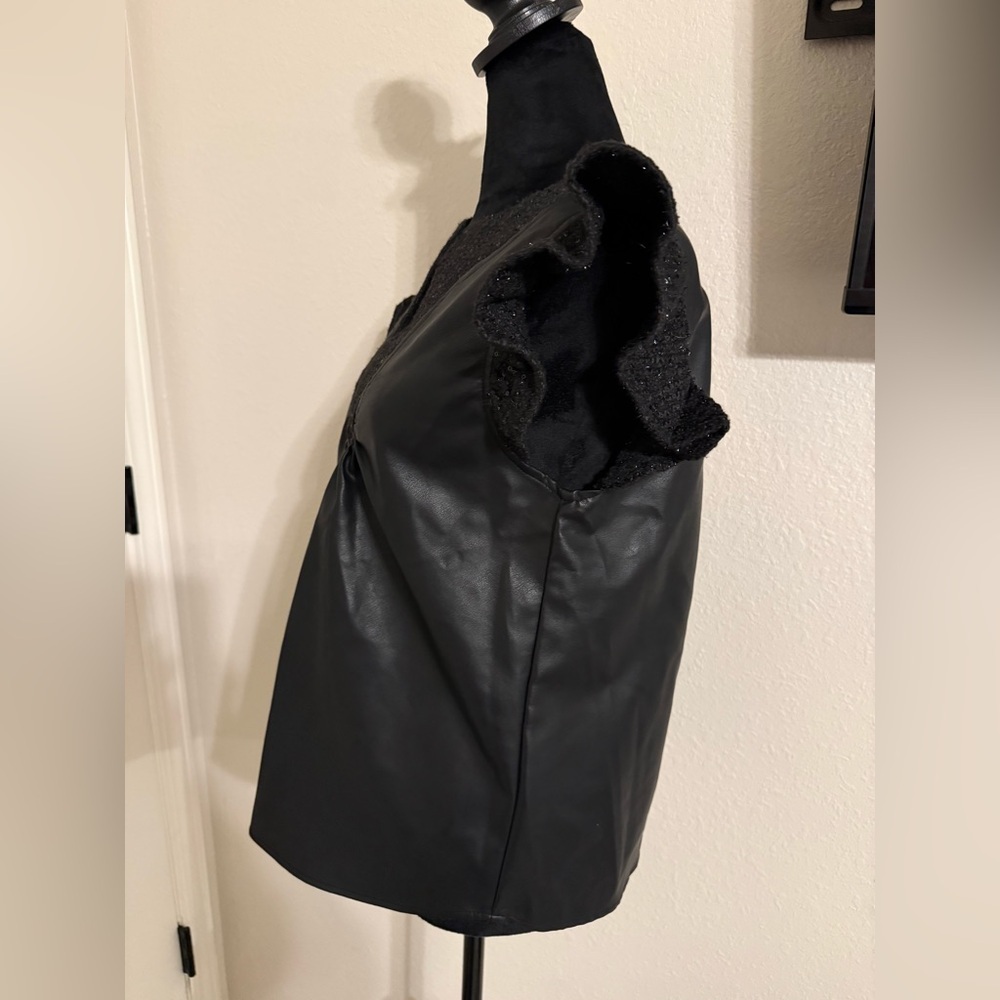Black Faux Leather Flutter Sleeve Top with Textured Yoke - Picture 6 of 6